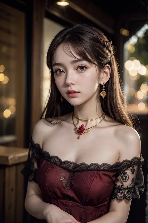 8k, CRU photo, Fujifilm, style photo of a beautiful 4 woman, Square face, a red rose around the neck, wearing black and red lace dress, gold earrings, strong features like a spinning dove, (highly detailed skin: 1.2), medium brown hair with lights, film gr...