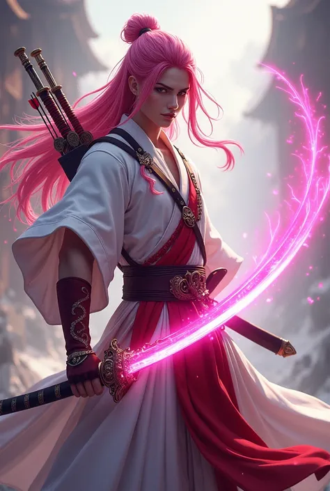 A male samurai with long pink hair wearing a white and red outfit, holding a hilt of a samurai sword with a blade made of pink kinetic energy and with a bow and arrow on his back.