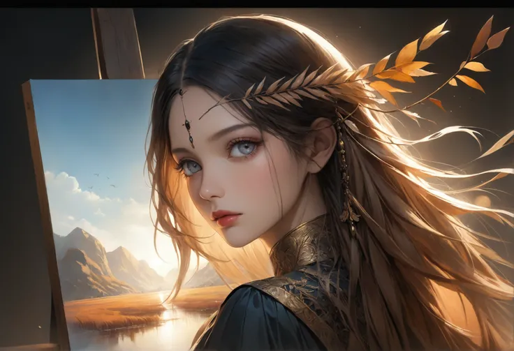 Reed landscape, bright canvas, The reed leaves flutter., Transparent holographic reflection, 갈대 잎으로 만들어진 초realistic 풍경, Make viewers speechless, A beautiful world, 1 Indian woman, detailed eyes, black eye, detailed lips, very detailed face, long eyelashes,...