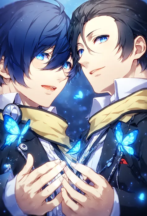 absurdres, highres, ultra detailed, HDR, masterpiece, extremely detailed, detailed eyes, detailed face, Mochizuki Ryouji, black hair, expressive blue eyes, Persona 3, Yuki Makoto, dark blue hair, expressive blue eyes, two sexy men together, yaoi, gay coupl...