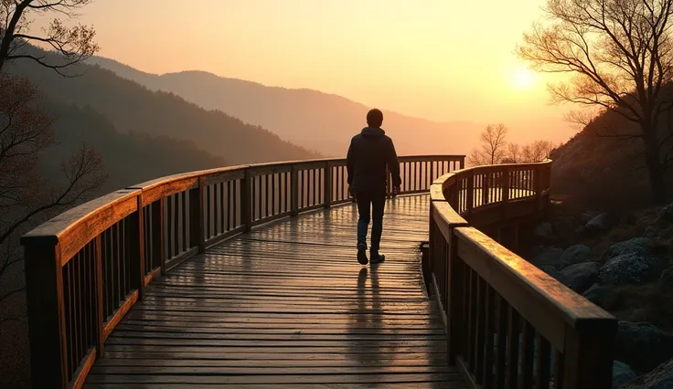 Realistic image of a curved wooden bridge, with a view below the horizon, Camera following a person&#39;s steps, with a light coming from the horizon from left to right
, smooth light, Cinematic photo, photo taken from a Canon 5D Mark II,   