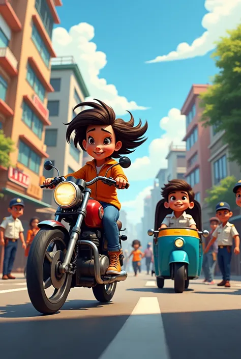 Create a lively and humorous scene of a busy street where a "bad girl" is speeding away on a motorbike, her hair flying in the wind, with a playful yet determined expression on her face as she tries to avoid the police. In the middle of the street, a "bad ...