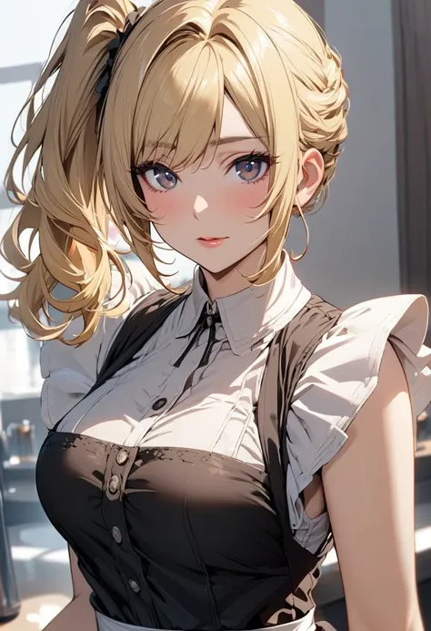 Solo, 1girl, medium hair,  blond hair, black eyes, mature, side ponytail, maid, beautiful color, beautiful eyes, high detail