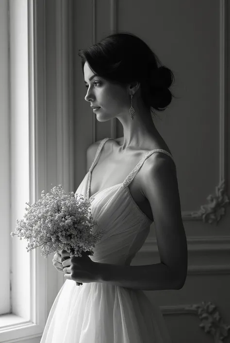 photo of a woman in a dress holding a bouquet, by Nell Dorr, romance lay, by Raoul Ubac, inspired by Lillian Bassman, by Shinji Aramaki, grainy black and white photo, female image in shadow, by Lillian Bassman, inspired by Nell Dorr, 