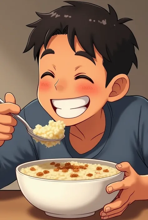 Generates an image of a person eating rice pudding, clearly showing that he is enjoying it. The person should have a happy expression on their face., perhaps smiling or closing his eyes in pleasure as he takes a spoonful of rice pudding, a full-bodied whit...