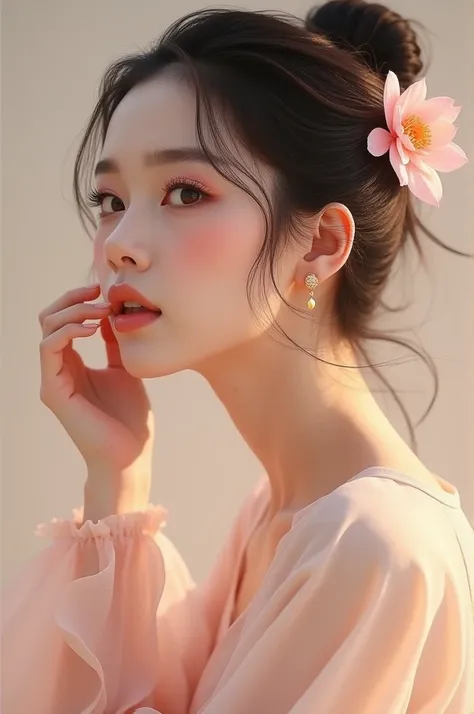 Create a girl who is posing with soft makeup and shades resembling a lotus flower, and who is Asian with Korean features. 