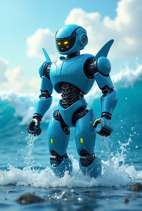 Marine themed Lego robotics images. This image will be for a shirt. And the robot has the function of transforming salt water into fresh water and producing rain.