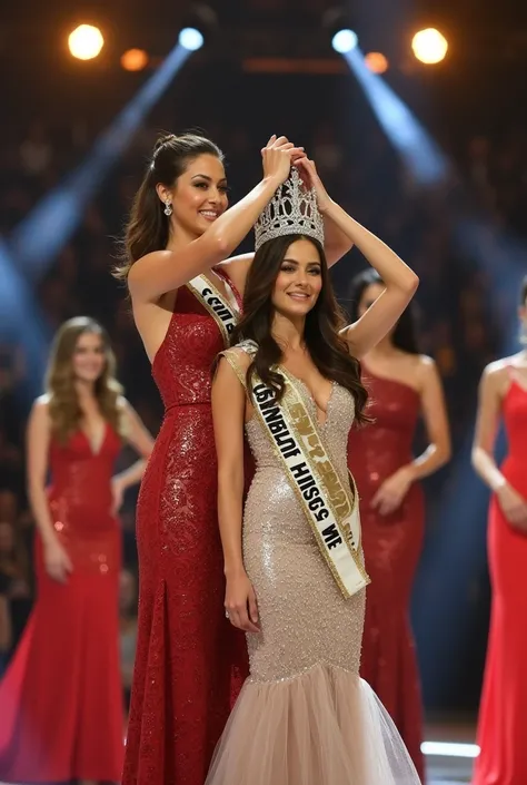 Crowning moment of Miss Universe. The girl (Nicaragua) put crown on another girl (Indonesia) head. Crowning from behind her. 