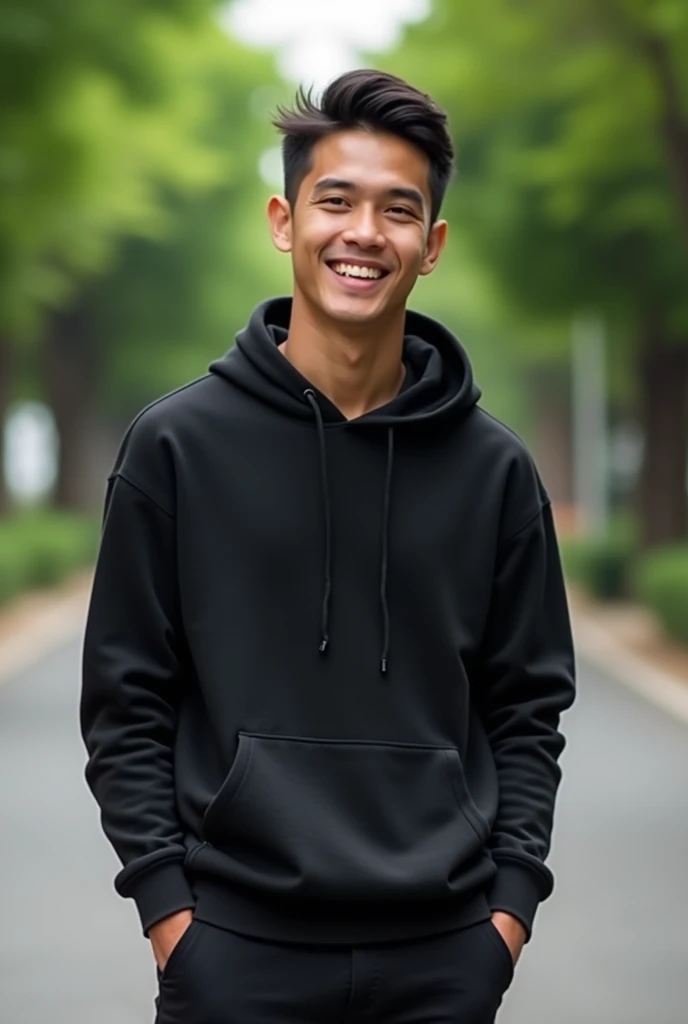 Handsome Indonesian man wearing black hoodie black pants ,Smiling sweetly at the camera. Background of paved road with trees on the right and left of the road.Photos and backgrounds look real and very clear. Ultra HD and very glossy finish 