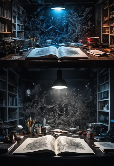 Split-screen composition, on the left is a comic artists desk, the pages come to life, ink lines swirling off the paper. The right side depicts a laboratory with floating objects and glowing symbols. Dramatic chiaroscuro lighting, dynamic lighting with bri...