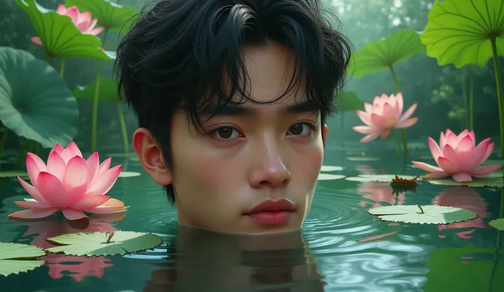 a young man surrounded by lotuses and water lilies, beautiful detailed eyes, beautiful detailed lips, extremely detailed eyes and face, long eyelashes, tranquil lotus pond, serene water surface, soft diffused lighting, vibrant colors, impressionist style, ...