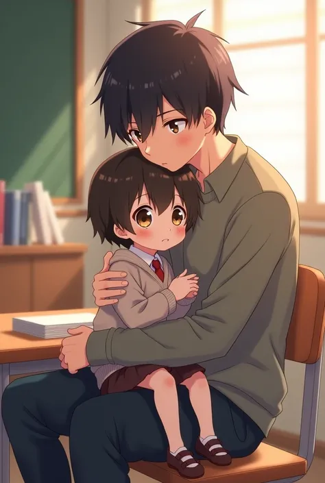 Anime shota boy sitting on his brother&#39;s lap in the school chair 