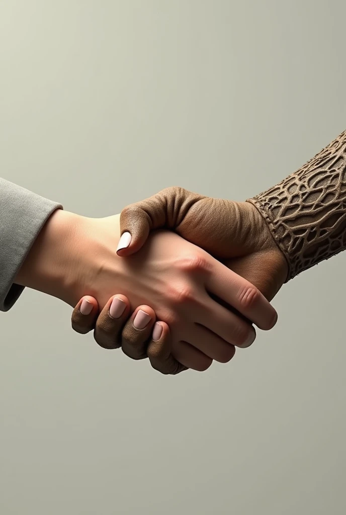 Create an image of two hands shaking each other, One hand is human and the other is a hand with natural features