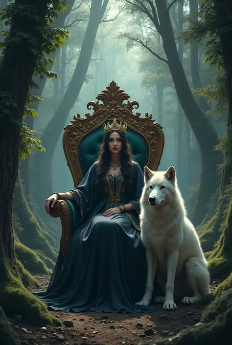 I want a witch in the woods sitting in a fancy chair with a crown and a white wolf next to her