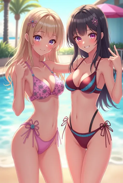 2 light skinned anime girls both in swimsuits 