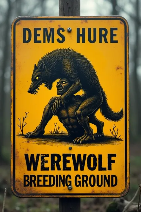 "Werewolf breeding area" written in English  ,black and yellow warning sign with a simple drawing of a werewolf having sex with a human 