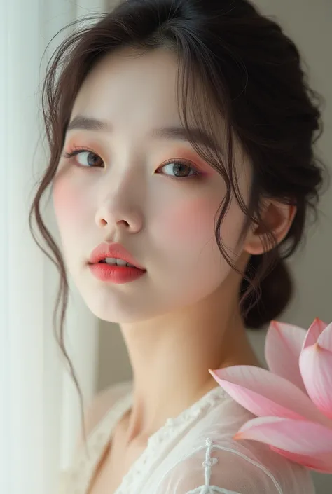 Create a girl who is posing with soft makeup and shades resembling a lotus flower, and who is Asian with Korean features. With eyeshadow and lipstick makeup 