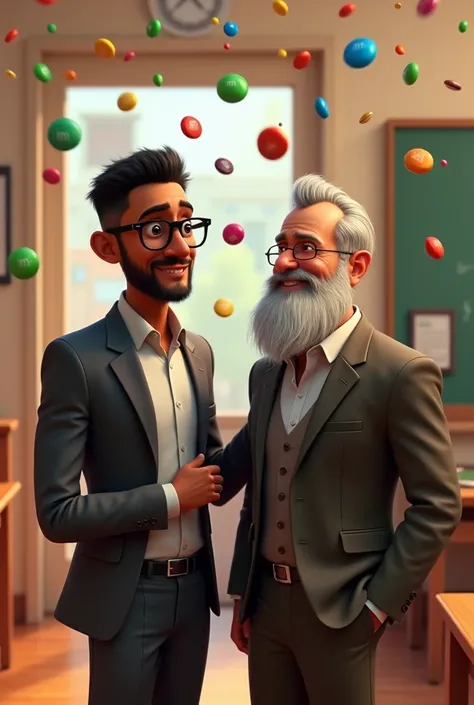  Black man with glasses, no beard and short hair and a white man with a beard, friends, teachers, school environment, rain of sweets m&m pixar animation