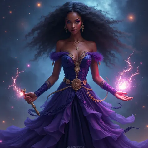 enchantress, skin black, long afro hair, purple and navy blue velvet shimmer dress, magic stick, galaxy stars