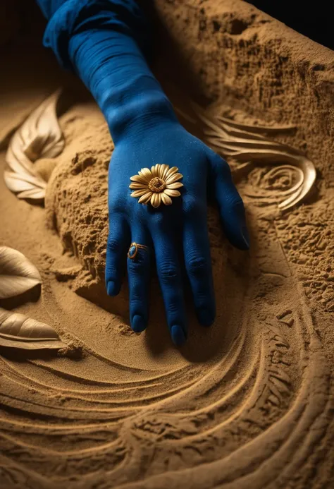 Close-up of a mysterious, glowing blue dried flower on an ancient Egyptian sarcophagus. An archaeologists hand reaching towards it, casting a shadow. Swirling sand and ethereal energy emanating from the flower. Dark tomb interior with golden hieroglyphs on...