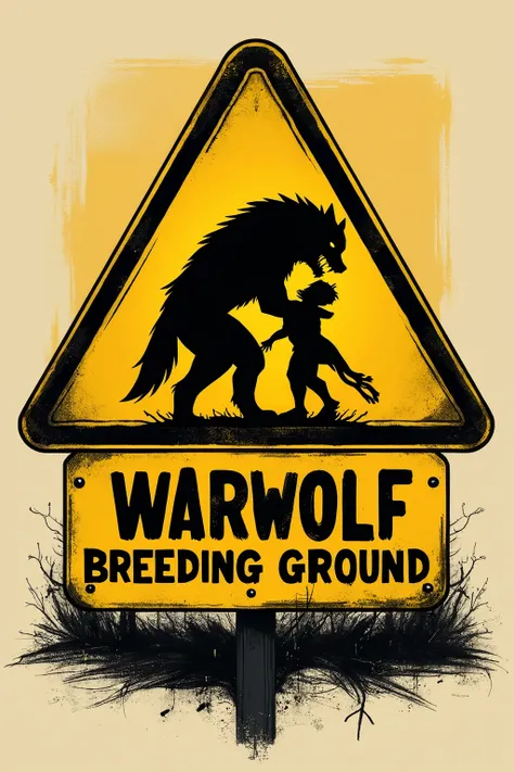 "Werewolf breeding area" written in English  ,black and yellow warning sign with a simple drawing of a werewolf having sex with a human 