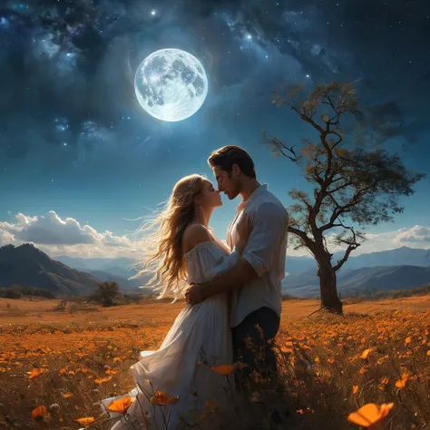 super wide angle，sky，Open fields of Jasmine，（man with brown hair, and very muscular blonde woman hugging in the wind），（fullmoon：0.9），（nebula：1.1），distant mountains，tree，（cool light：1.2），very blue and orange，rich in detail，to dream，magie, 8k