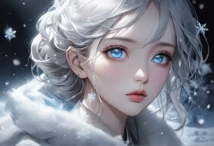 snowy landscape, dark canvas, Transparent sparkling snowflakes falling, Transparent holographic reflection, 눈송이로 이루어진 초realistic 풍경, Make viewers speechless, A beautiful world, 1 woman, detailed eyes, detailed lips, very detailed face, long eyelashes, Beau...