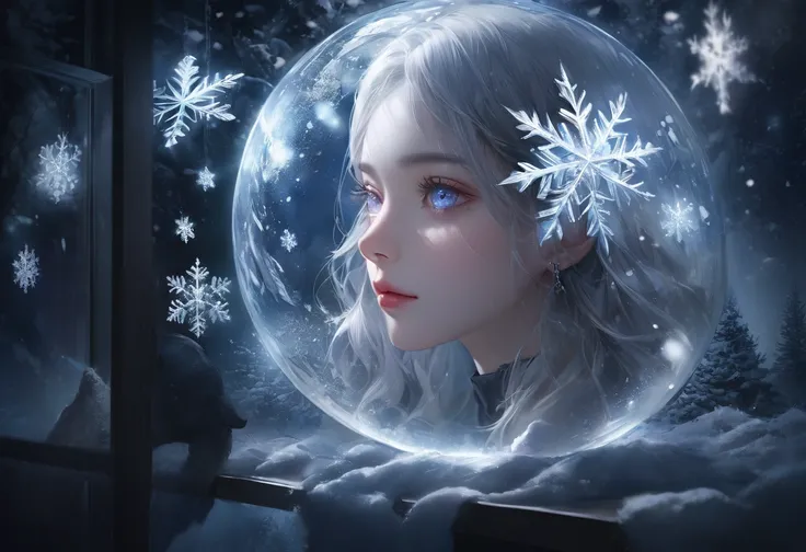 snowy landscape, dark canvas, Transparent sparkling snowflakes falling, Transparent holographic reflection, 눈송이로 이루어진 초realistic 풍경, Make viewers speechless, A beautiful world, 1 woman, detailed eyes, detailed lips, very detailed face, long eyelashes, Beau...