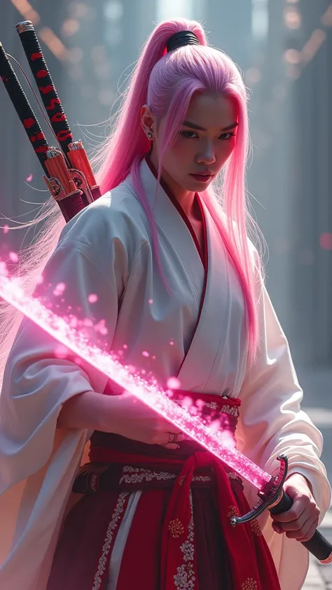 A male samurai with long pink hair wearing a white and red outfit, holding a hilt of a samurai sword with a blade made of pink kinetic energy and with a bow and arrow on his back., high quality, (RAW photo, best quality), (realistic, photorealistic: 1.4), ...