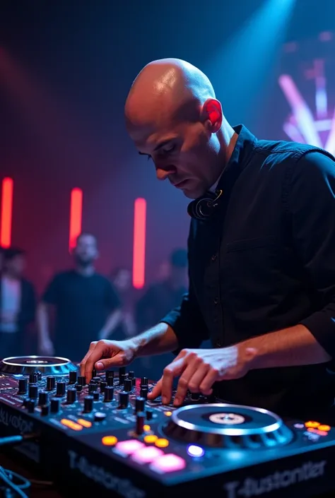 Bald DJ playing music at DJ Pionner&#39;s controller