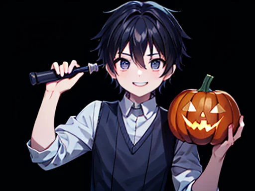 halloween, 1 boy, he is magician, he have a magic wand, Upper body shot only, He is wearing a grey shirt, He smiles gently, pumpkin