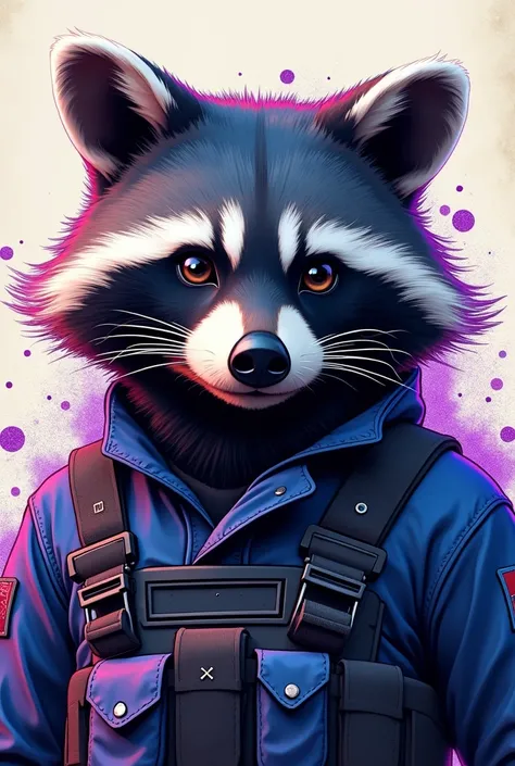 A highly detailed 8K resolution digital painting of a close-up portrait of a raccoon soldier in a classic CS:GO outfit, with striking blue color accents and purple glitter splashes, in a minimalist, vintage design style inspired by the artwork of Alex Pard...