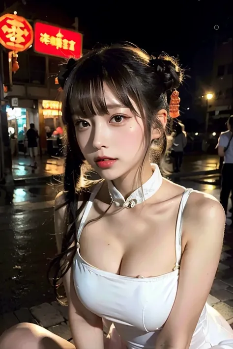 high resolution,
1 beautiful young woman,
(soft saturation:1.3), (fair skin:1.2),
wearing a white clothes,
85mm lens,f/8.0,
background,
gyaru,
brown hair,
medium breasts,

BREAK

(china street:1.3),
1girl, 1, (china dress:1.5), side-tie peek, (china dress:...