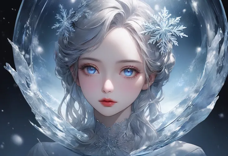 snowy landscape, dark canvas, Transparent sparkling snowflakes falling, Transparent holographic reflection, 눈송이로 이루어진 초realistic 풍경, Make viewers speechless, A beautiful world, 1 woman, detailed eyes, detailed lips, very detailed face, long eyelashes, Beau...