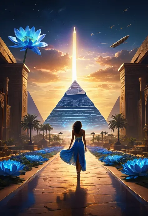 Surreal cityscape blending ancient Egyptian and futuristic elements. Foreground shows the three main characters holding hands, their figures half-transparent. Middle ground features a massive, ethereal blue flower blooming, its petals extending across the ...