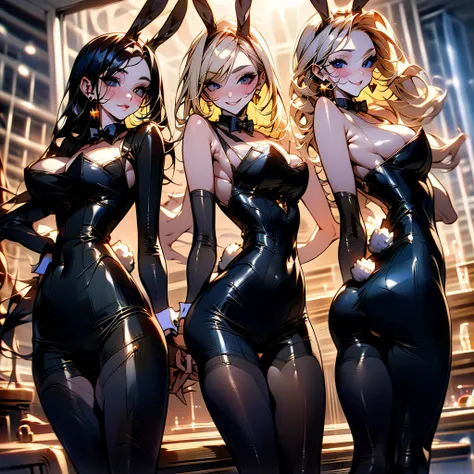 group of bunny girls in bunny suit dynamic pose in movement looking at the viewer breast to the front  low angle  in a bar in th...