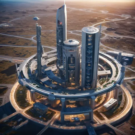 Large and very tall military space complex, Futuristic and robust design, aerial view, soft lighting, Very detailed,HD,8k, located in space, connected to a space elevator