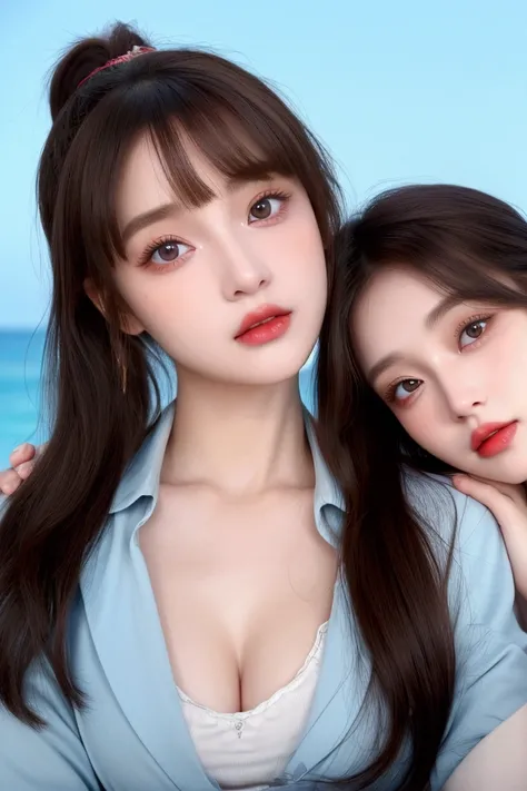 2 happy girls, Exquisite facial features, Bangs, Brown Ponytail, neat hair, The hair is very realistic, Wearing light blue sexy pajamas, The background is the beach, Exquisite makeup, Pale red lips, big eyes, Double eyelids, Black Hole, Bright Eyes, Symmet...