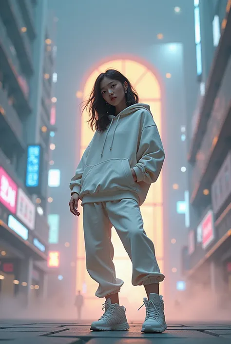 Masterpiece, 4K wallpaper, Masterpiece sci-fi ancient city, fantasy sci-fi, neon glow lights city, ( Subject ( 1girl, A cute japanese women with beautiful hair, wearing an youth stylist oversized hoodie fashion, yellow and black stylist fashion, jumper hoo...