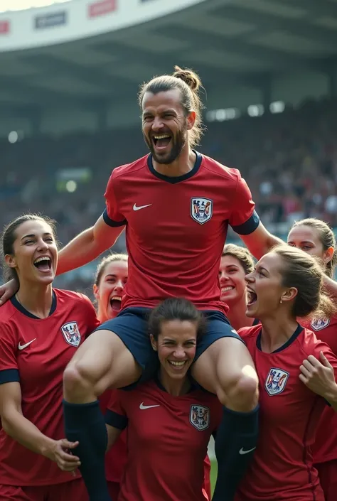 Create a realistic image of a british female football team carrying their male manager in celebration he is a 30 year old on the shoulders of a woman who is facing in between his legs 