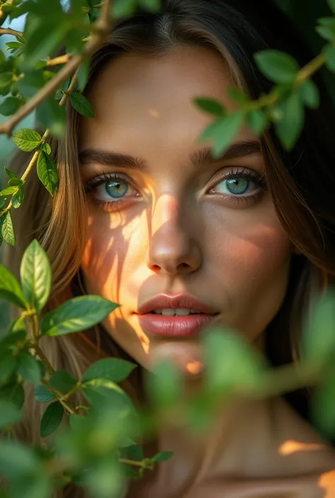 A photograph of a graceful womans face, partially concealed by a delicate arrangement of intertwining green leaves. Her captivating blue eyes glisten under the warm, golden sunlight, while the foliage creates an intimate connection between her and the surr...