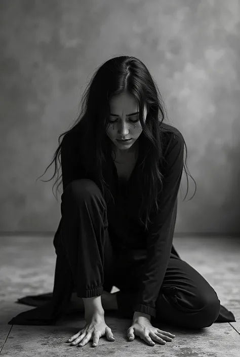 A black and white photograph of a woman sitting on the ground., crying woman, Penaful, Crazy, She is distressed, struggling, black and white image, a woman, gloomy expression, shy and vulnerable expression, Grief, crying and reaching out with her arm, wild...