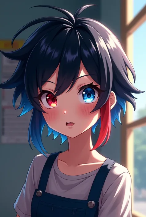 Girl with very very short hair like Deku&#39;s dark red and dark blue tips one red eye and the other blue in the UA cute with messy bangs