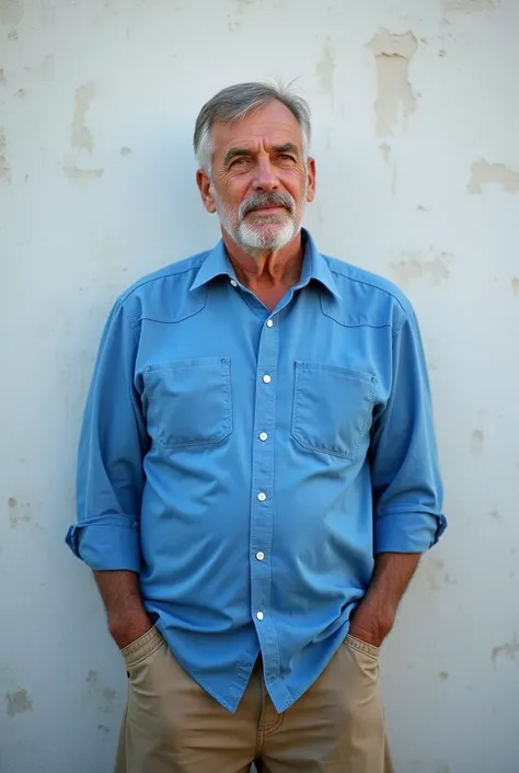 A middle aged man with a blue shirt. Standing infornt of a wall.