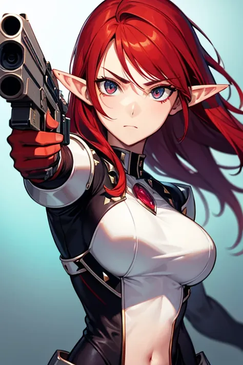 elf　woman　dual pistols　wild　bust shot　hold the gun in a crosshair　cool　red hair　studded armor　slender　handgun