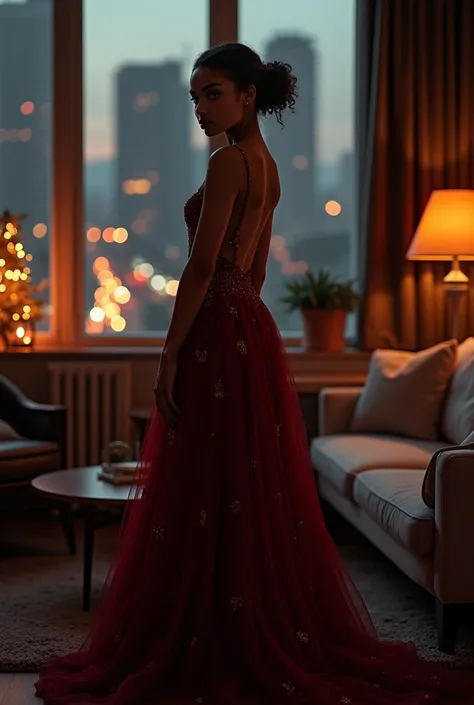 a female dark-skinned Brazilian teenager wearing a burgundy gown,dark dawn metropolitan city background,inside an apartment