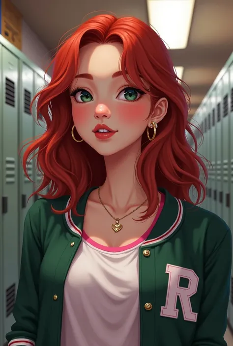 Create a digital illustration of a young woman with the following specifications: **Physical appearance:** * Age: between 18 and 2 * Hair: red with a slightly reddish background, long and with wavy ends and bangs * Skin: fair * Eyes: green * Makeup: Natura...