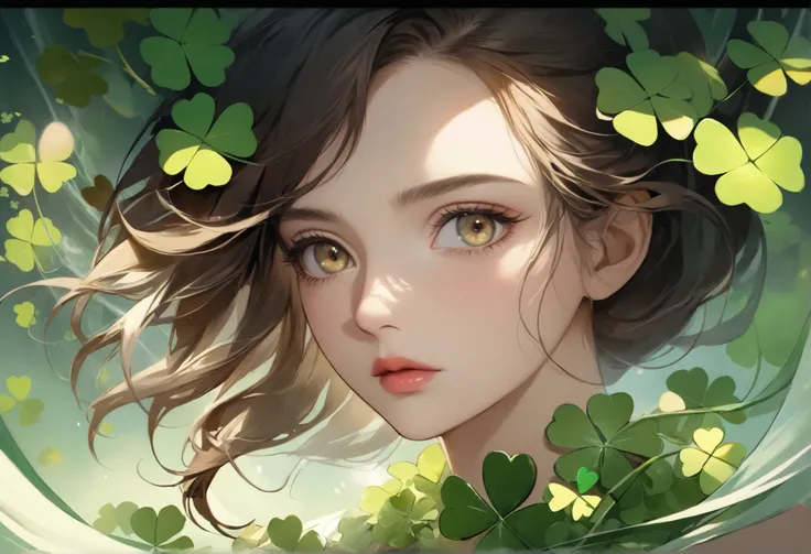 Green four leaf clover landscape, bright canvas, Clover leaves fluttering, Transparent holographic reflection, A surreal landscape made of clover leaves, Leaves viewers speechless, A beautiful world, 1 italian woman, detailed eyes, brown eyes, detailed lip...