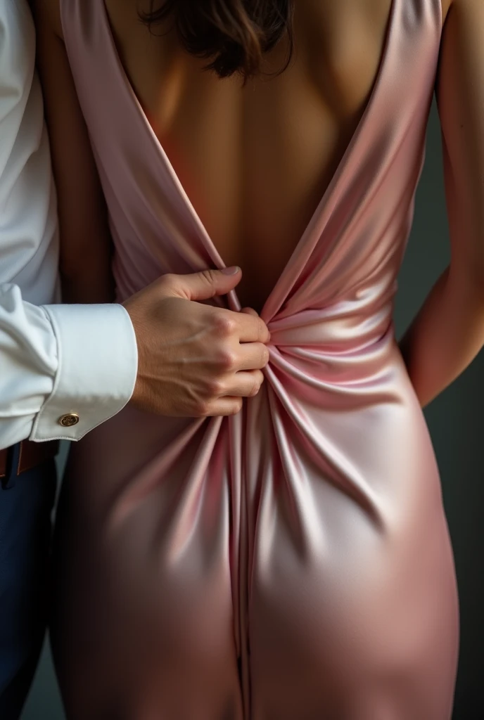 "Close-up of a man&#39;s hand, wearing a white shirt, gently unbuttoning the back of a pink satin dress on a woman&#39;s back . The focus is on the zipper being pulled down, revealing part of the charming woman&#39;s bare back. The image must be intimate a...