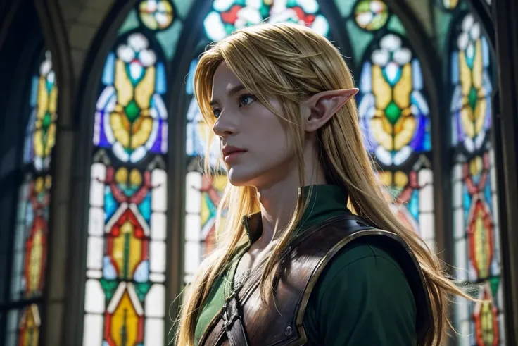 Very detailed, Live Action、Ultra-realistic digital portrait of Link from The Legend of Zelda, Very detailed顔の特徴, Piercing blue eyes, Sharp jawline, disheveled golden hair, A slightly tired look、 Green themed elven clothing、The warm light coming through the...